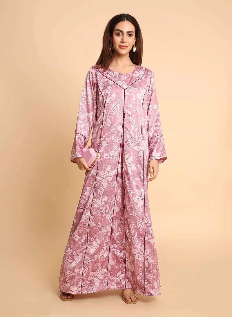 HANA & SARA Women’s Mauve Pink Floral Arabic Jalabiya with Sophisticated Long Sleeves